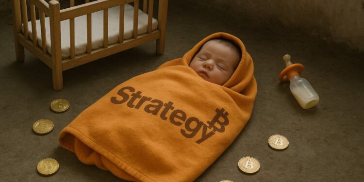 Un bebé envuelto en una manta que tiene el logo de Strategy, junto a monedas de bitcoin alrededor, en un cuarto con una cuna y un biberón.