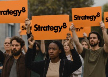 Personas protestando con carteles que muestran el logo de Strategy.