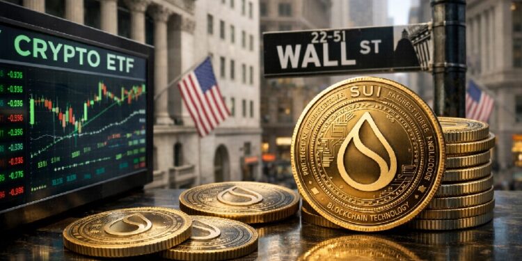 Monedas físicas de la criptomoneda SUI frente a Wall Street, con pantalla de ETF de criptomonedas y la Bolsa de Nueva York al fondo.
