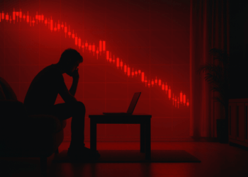Silueta de un hombre sentado frente a un portátil en una habitación oscura, con un gráfico rojo en la pared.