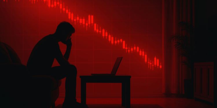 Silueta de un hombre sentado frente a un portátil en una habitación oscura, con un gráfico rojo en la pared.