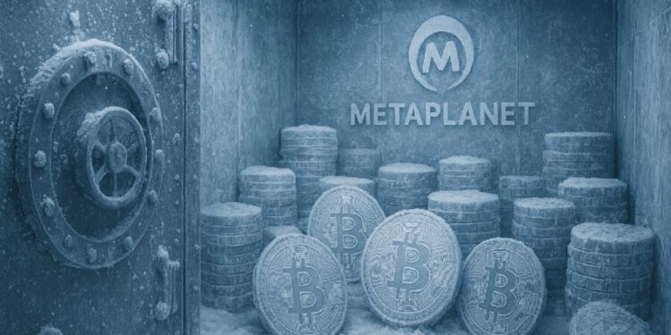 Bóveda metálica congelada con pilas de monedas físicas de bitcoin cubiertas de hielo.