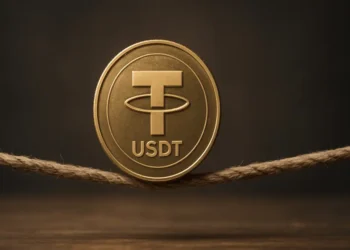 Una moneda física de USDT hecha de metal dorado, equilibrada sobre una cuerda floja de fibras gruesas.
