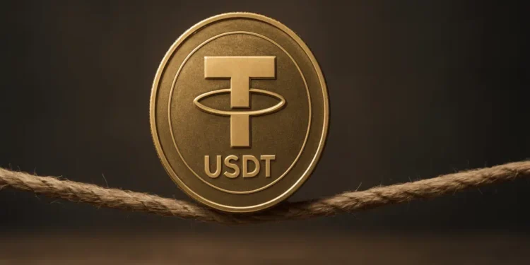 Una moneda física de USDT hecha de metal dorado, equilibrada sobre una cuerda floja de fibras gruesas.