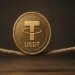 Una moneda física de USDT hecha de metal dorado, equilibrada sobre una cuerda floja de fibras gruesas.