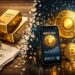 Muestra la transición de la inversión en oro: a la izquierda, lingotes, monedas y periódicos financieros; a la derecha, un smartphone con “Digital Gold”, tokens dorados.