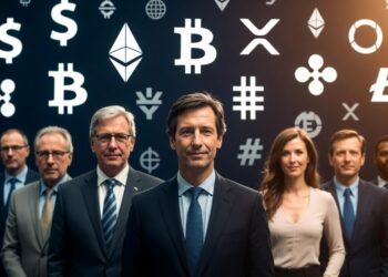 Un grupo de ejecutivos posa para una imagen y al fondo se observan distintos logos de criptomonedas