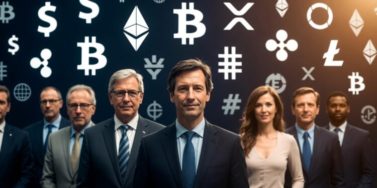 Un grupo de ejecutivos posa para una imagen y al fondo se observan distintos logos de criptomonedas