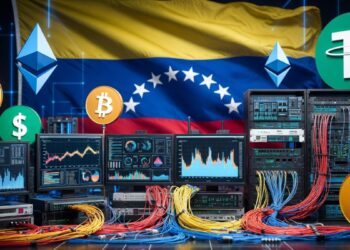 Centro de datos tecnológico con la bandera de Venezuela al fondo, rodeada de logotipos flotantes de criptomonedas como bitcoin, ether y USDT.