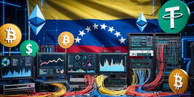 Centro de datos tecnológico con la bandera de Venezuela al fondo, rodeada de logotipos flotantes de criptomonedas como bitcoin, ether y USDT.
