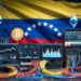 Centro de datos tecnológico con la bandera de Venezuela al fondo, rodeada de logotipos flotantes de criptomonedas como bitcoin, ether y USDT.