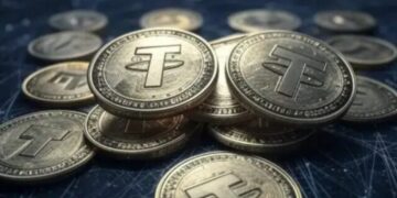 Monedas físicas de USDT sobre un escritorio.
