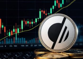 Una moneda con el logo de USX delante de una pantalla de gráfico de precios.