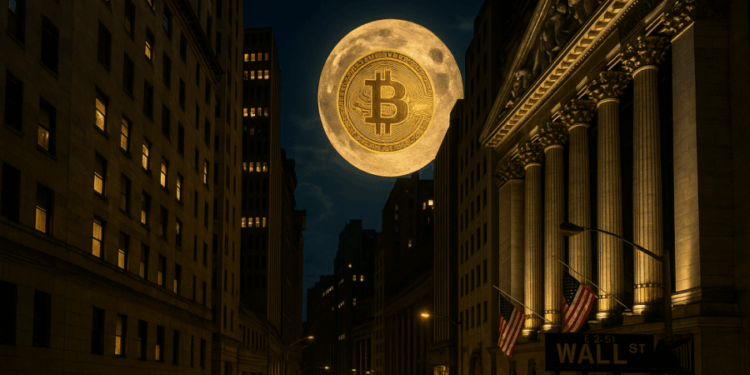 Paisaje nocturno de Wall Street con un bitcoin en lugar de luna.
