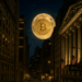Paisaje nocturno de Wall Street con un bitcoin en lugar de luna.