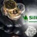 Manos con guantes sosteniendo bitcoins físicos y al lado el logo de Silk Road.