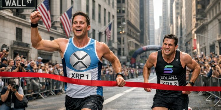 Corredor con camiseta de XRP cruza la meta en Wall Street, mientras un corredor con uniforme de solana llega detrás.